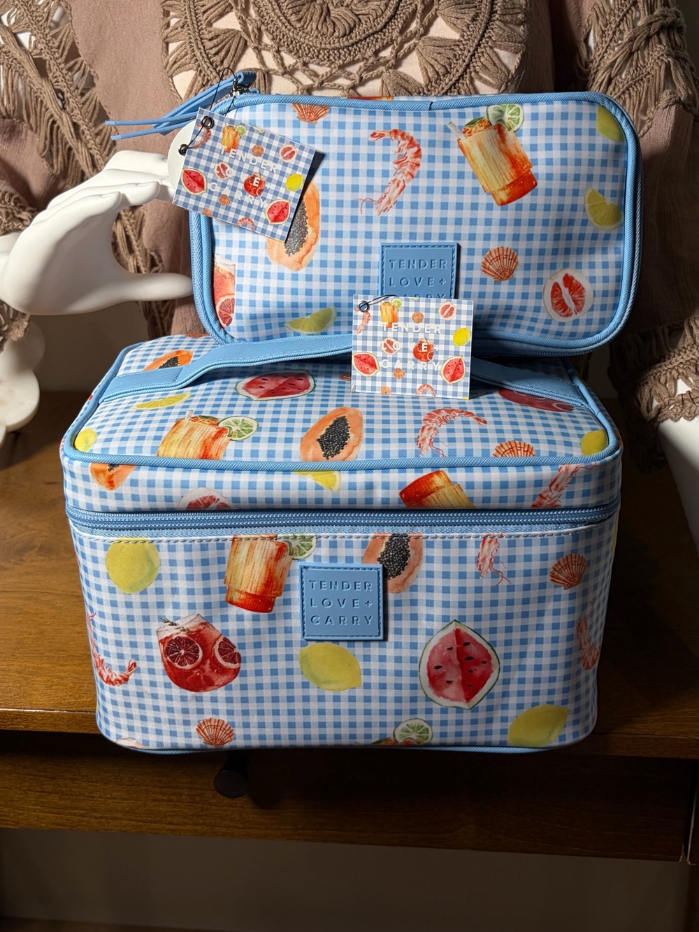 SET of Tender Love + Carry Blue Gingham Cosmetic Travel Pouch - Picture 4 of 14